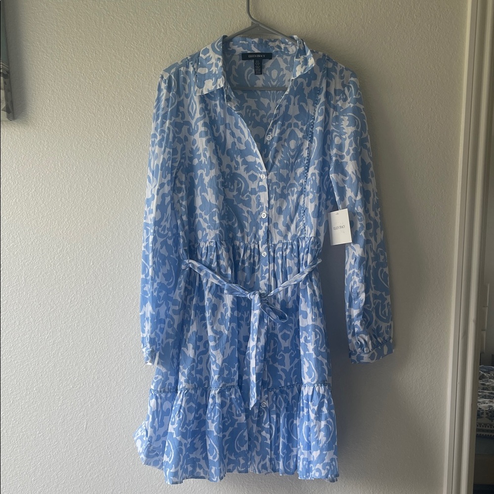 Ellen Tracy Light Blue & White Printed long sleeve Dress